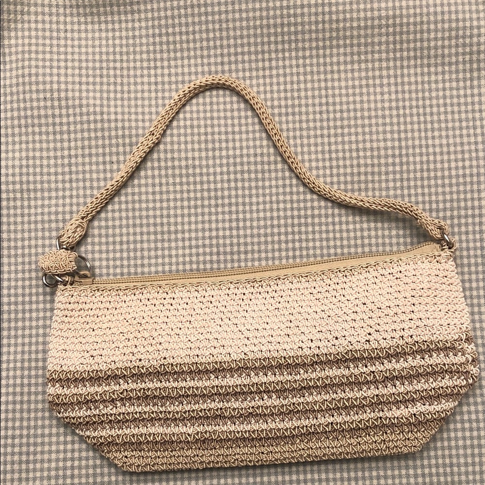 Convertible Wristlet/Purse/Shoulder Bag/Tote 3-Tone Tan Crochet Roomy Zip #859